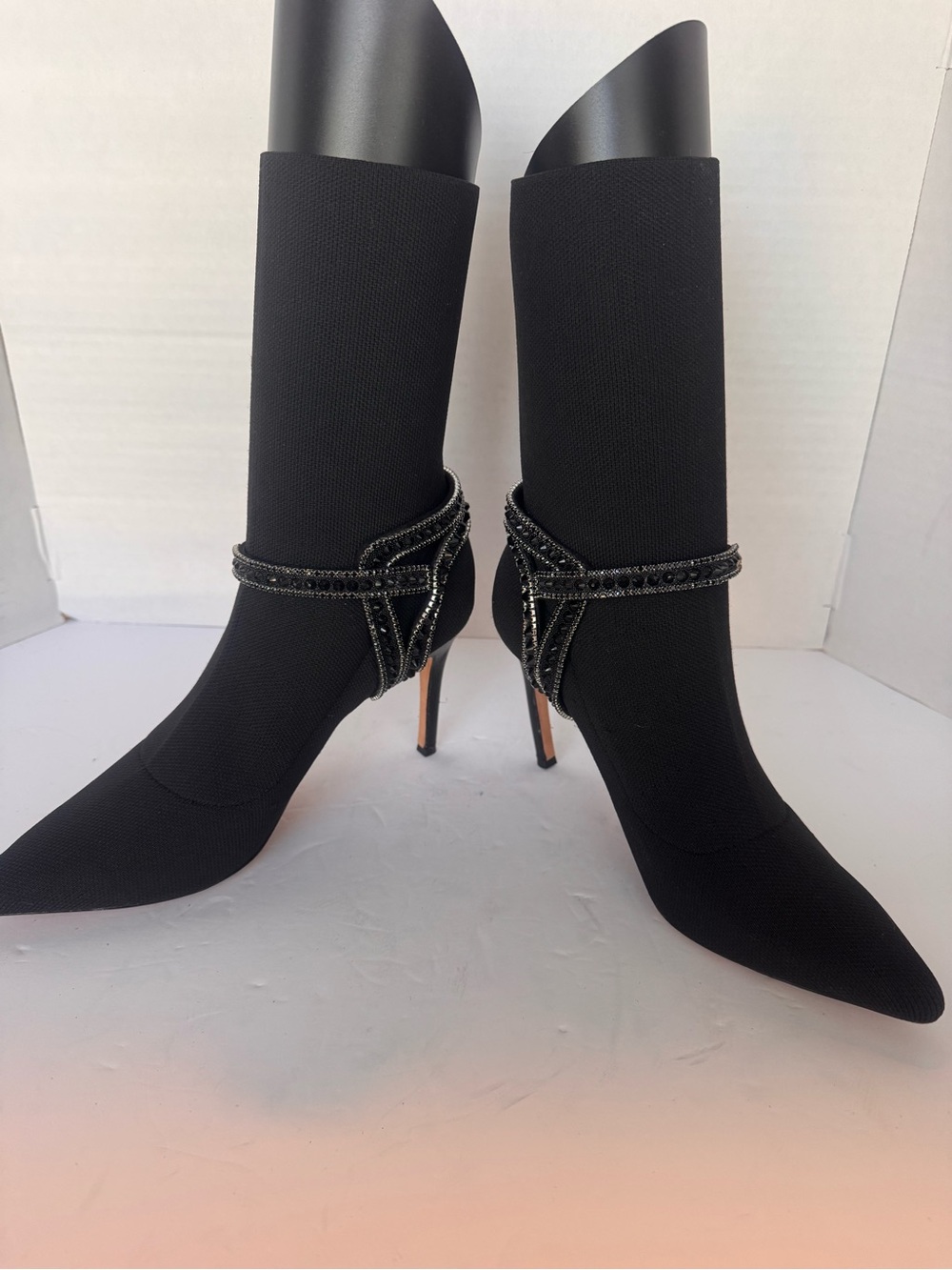 Badgley Mischka Black Stretch Knit Sock Booties Beaded Rhinestone Strap Size 7.5